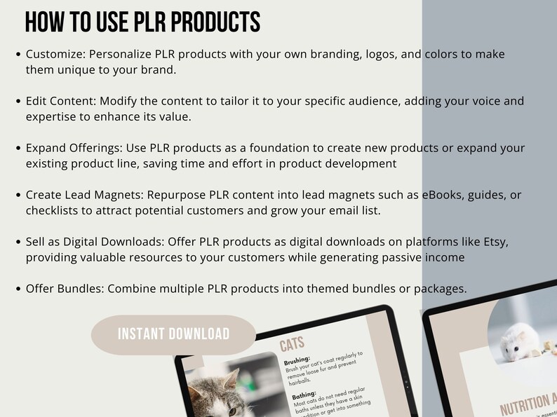 May include: Image with text "HOW TO USE PLR PRODUCTS" and bullet points on how to customize, edit, expand, create lead magnets, sell as digital downloads, and offer bundles. Includes a screen with the word "CATS" and a cat image.