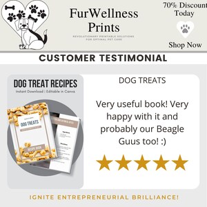 May include: An advertisement for FurWellness Prints featuring a dog illustration and text. The ad promotes dog treat recipes, with a customer testimonial and a 70% discount offer. The book is editable in Canva.