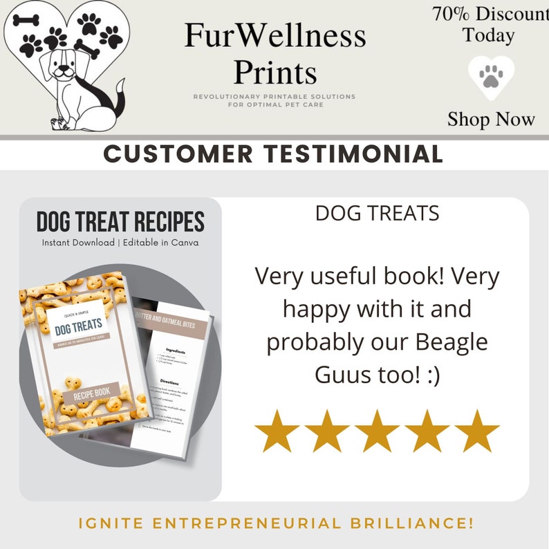 May include: An advertisement for FurWellness Prints featuring a dog illustration and text. The ad promotes dog treat recipes, with a customer testimonial and a 70% discount offer. The book is editable in Canva.