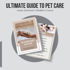 May include: A guide titled "Ultimate Guide to Pet Care" with the text "Instant Download | Editable in Canva." The cover features a hand holding a pet's paw. The contents page shows kittens. The phrase "Resell as Your Own" is also visible.