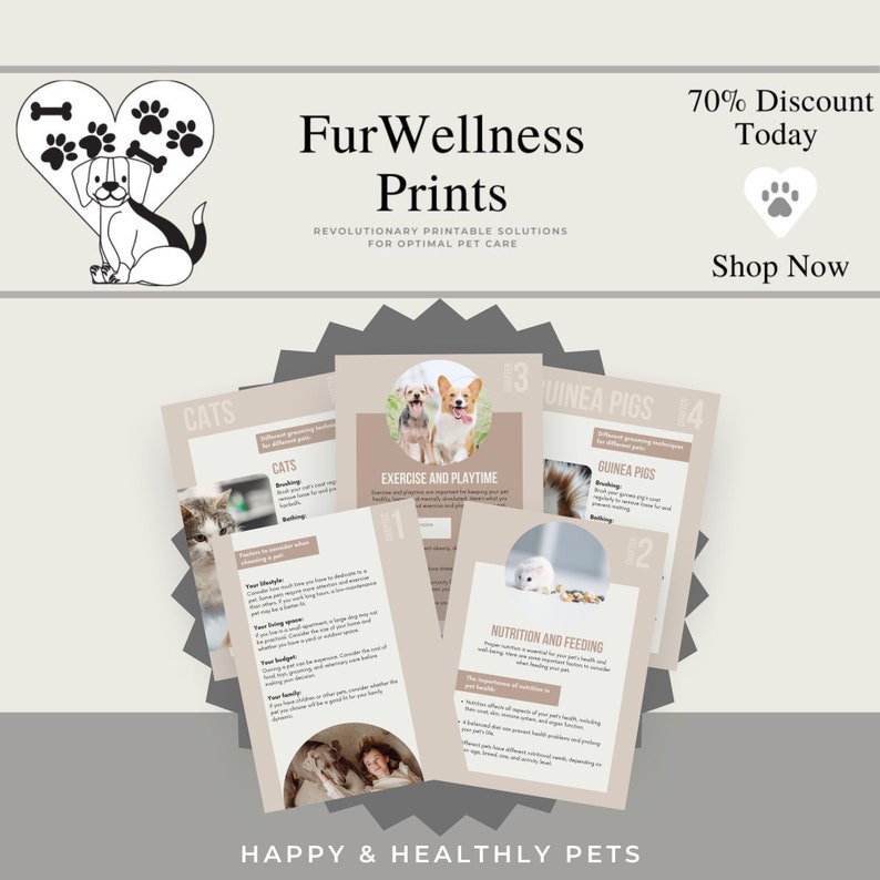 May include: A promotional image for FurWellness Prints, featuring informational printables for pet care. The design includes a dog and paw print graphic, along with text that reads "70% Discount Today" and "Shop Now."