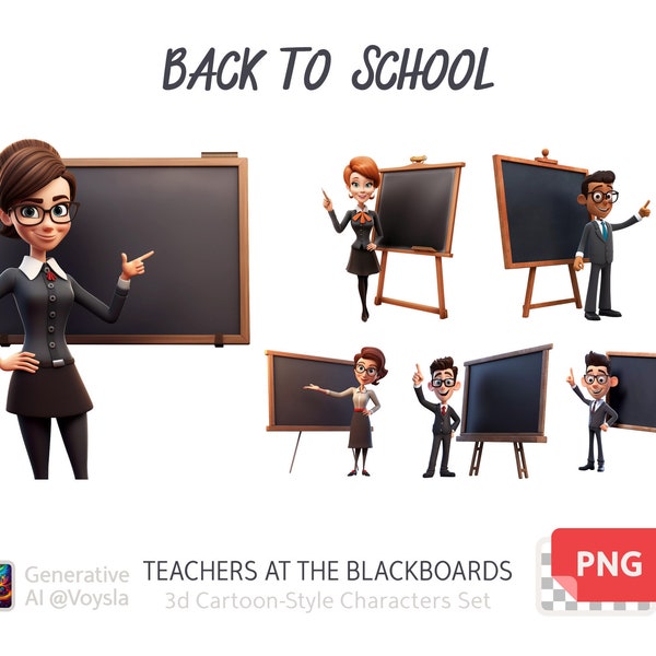 Teachers Standing in Front of Blackboard · 3D Cartoon-Style Set