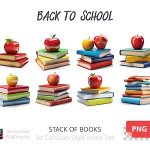 Pila de libros con Apple · Estilo de dibujos animados en 3D