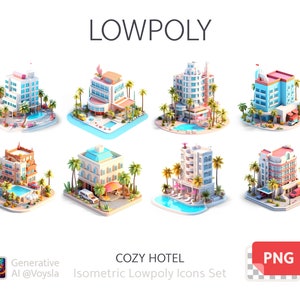 May include: Isometric lowpoly icons set of cozy hotels. The image features eight colorful hotel illustrations with pools, palm trees, and cars. The text "LOWPOLY" and "COZY HOTEL" are displayed at the top and bottom of the image.