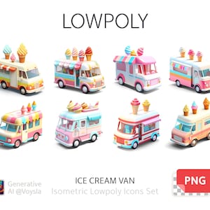 Cute Ice Cream Van Isometric Low Poly Icons Set