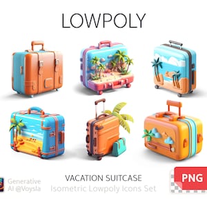 Vacation Suitcase Isometric Low Poly Icons Set