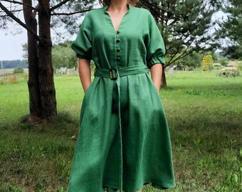 Linen midi dress, Handmade 100% Natural linen dress with batwing sleeves, belt and 2 pockets, Midi Dress for women, Perfect for casual wear.