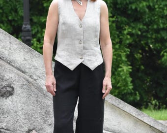 Handmade Linen Vest - Sleeveless V-Neck, Natural Color, Unlined