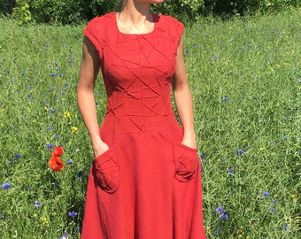 Robe longue élégante en lin, robe d'été en lin naturel, robe en lin pour femme douce avec manches courtes et poches, col rond, robe fruits rouges