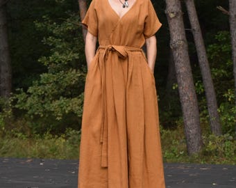 Linen Maxi Dress with Belt, Loose Linen Dress Women, Kimono Sleeve Linen Dress, Boho Summer Dress, Flowy Linen Clothing
