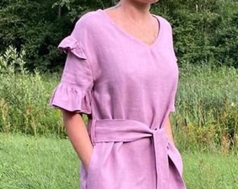 Sommer handgemachte 100% natürliches Leinen Kleid, Frauen Urlaubskleid, Kleid mit Ärmeln und Taschen, Midi Kleid für Frauen.