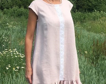 Natural linen summer and holiday dress, midi casual linen dress, soft woman flax dress with sleeves and pockets, round neck dress