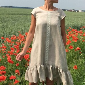 linen dress, summer linen dress, loose linen dress, lace linen dress, linen dress with pockets, boho linen dress, handmade linen clothing