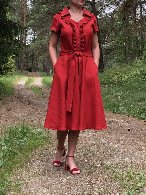 chinese dress ladies R.Vivimos Women's Linen Fall Long Sleeves Stripes Ruffled Boho Casual  A-Line Flowy Midi Dresses (Small, Burgundy) at Amazon Women's Clothing store