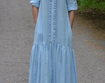 Light Blue Linen Maxi Dress Women, Loose Boho Summer Dress with Pockets, Romantic Ruffle Dress, Minimalist Linen Clothing, Handmade Outfit