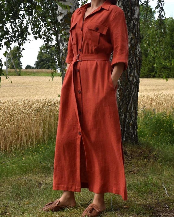 linen safari dress Linen Safari Dress Women, Shirt Dress With Belt, Long Linen Dress With  Pockets, Button Down Dress, Casual Summer Outfit, Vacation Dress