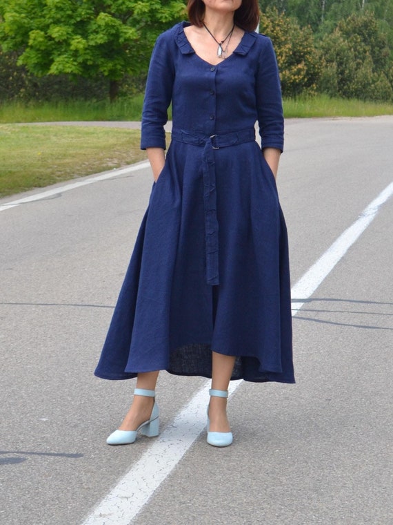 Handmade Blue Linen Midi Dress Women, Textured Bodice, Button Down Clothing  - Etsy