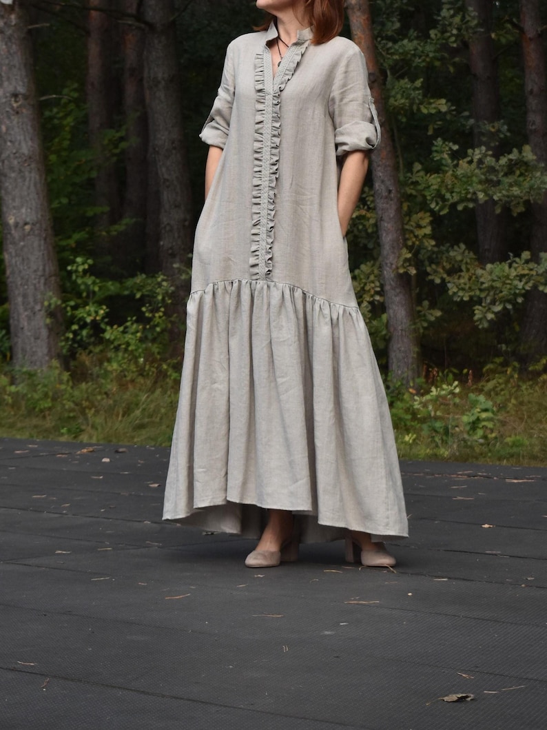 Long Casual Linen Dress, Handmade Natural Linen Dress, Outfit for Party ...