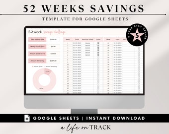 52 Week Savings Challenge, Google Sheets Template, Savings Tracker, Saving Challenge Spreadsheet, Money Challenge,