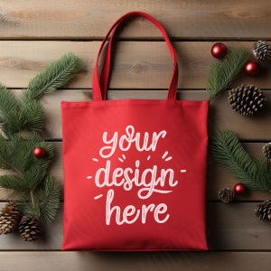 Tote Bag Mockup, Red Canvas Tote Bag Winter Mockup, Winter Tote Bag Mockup, Christmas POD Template, JPG Digital Download, Canva Mockup image 1