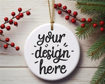 Christmas Ornament Mockup, White Round Ceramic Christmas Ornament, JPG Digital Download, Xmas Ornament Mockup, POD Mockup, Canva Mockup