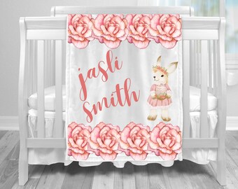 Floral custom Bunn baby girl blanket-crip personalized rabbit blanket. Baby shower gift blanket- personalized rose baby blanket-