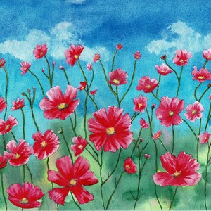 Original Watercolor Painting of Cosmos Flowers – Framed Floral Wall Art