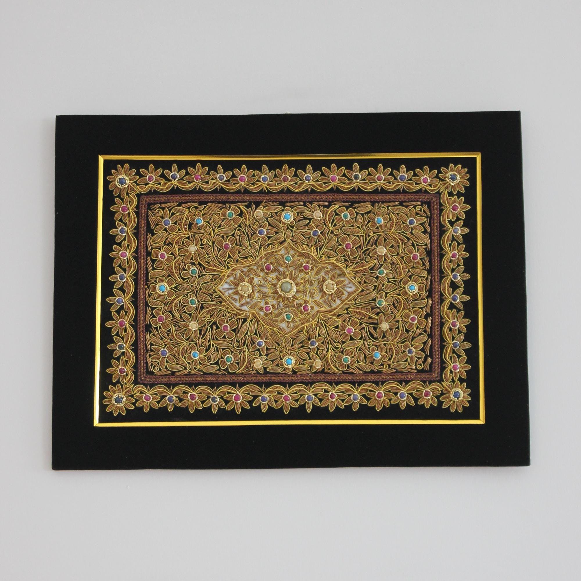 Handmade Zardosi Embroidery Wall Art: Indian Gold Thread Velvet