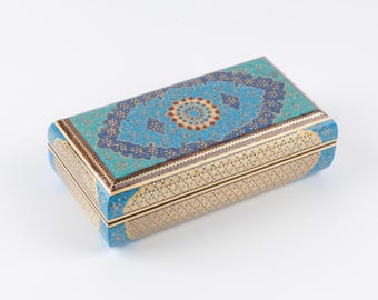 Persian Khatam Jewelry Box, Handcrafted Wood Inlay Mosaic, Miniature Painting Home Decor