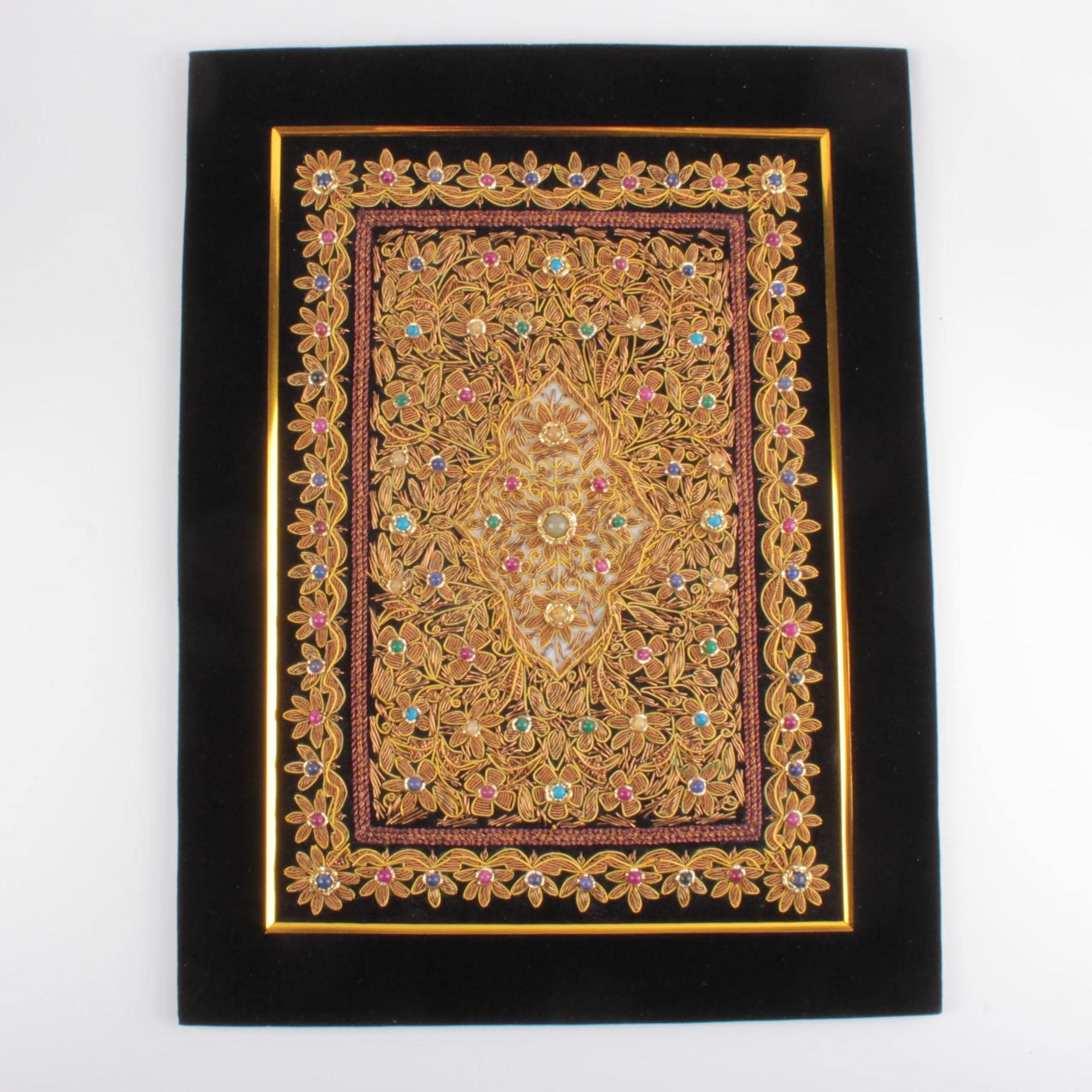 Handmade Zardosi Embroidery Wall Art: Indian Gold Thread Velvet