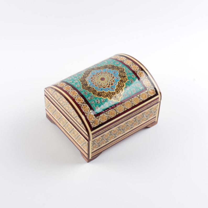 Handmade Persian Khatam Marquetry Box: Miniature Painting, Velvet Interior