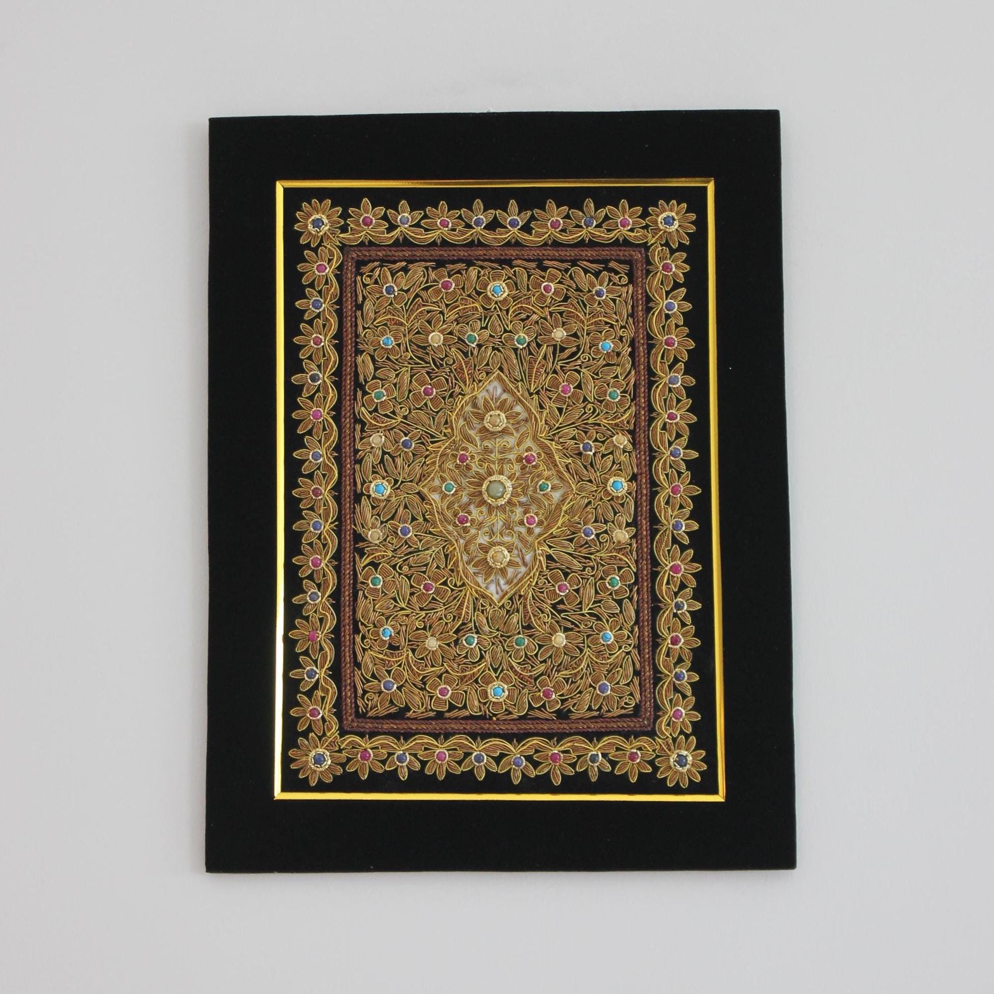Handmade Zardosi Embroidery Wall Art: Indian Gold Thread Velvet