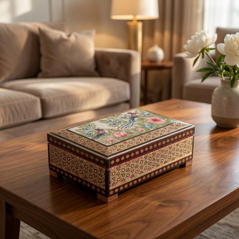 May include: A rectangular wooden box featuring a lid with a painted floral and bird motif in shades of blue, pink, and green. The sides of the box are decorated with intricate geometric patterns in brown and gold tones, supported by four small feet.