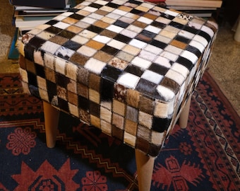 Handmade Cowhide Patchwork Stool: Rustic Boho Accent Seating (50x50x60 cm