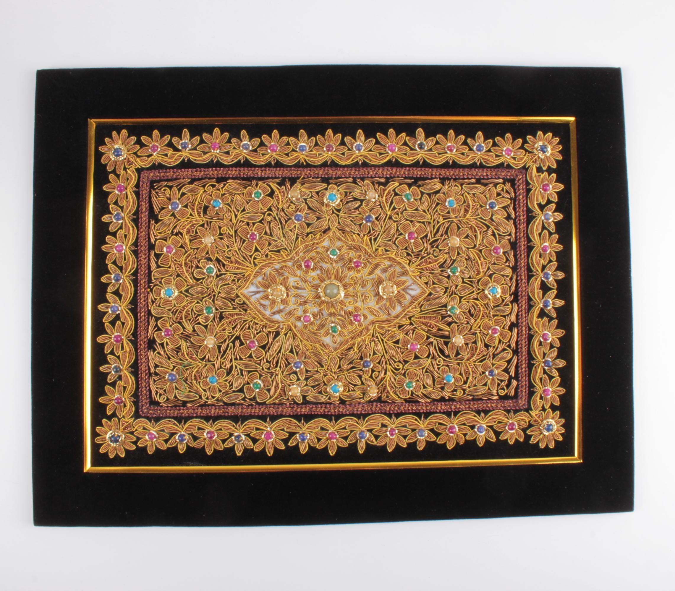 Handmade Zardosi Embroidery Wall Art: Indian Gold Thread Velvet