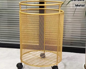 Gold Rolling Laundry Hamper, Modern Metal Mesh Storage Basket, Luxury Round Clothes Bin with Wheels, Dorm Room Decor
