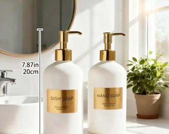 Modern White and Gold Soap Dispenser Set of 2, Reusable Kitchen/Bathroom Bottles, Elegant Dish and Hand Soap Dispenser