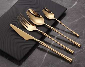 Custom Luxury Gold-Plated Flatware Set (24-Piece) - Modern Stainless Steel Cutlery