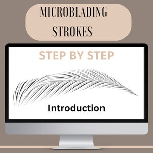 Op de afbeelding: Een computerscherm met een stapsgewijze handleiding voor microblading-streken. Het scherm toont een zwart-witte illustratie van een microblading-streek, met de tekst "Introduction" eronder. De titel van de handleiding is "Microblading Strokes Step by Step". Een PDF-pictogram bevindt zich in de rechterbenedenhoek van de afbeelding.