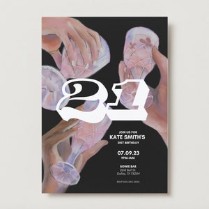Retro 21 digitale verjaardag sjabloon uitnodiging downloaden. Aanpasbaar Deelbaar. 21e verjaardag, Cheers, roze en zwart, Canva-sjabloon. Meisjesachtig