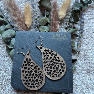 Boho Walnut Wood Earrings - Laser Engraved, Lightweight Drop Dangle for Women, Mandala Design