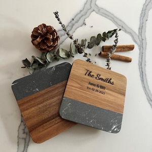 Personalized Engraved Marble Wood Coaster Set: Elegant Square Pair for Special Occasions & Home Decor (2 pieces)