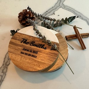 Customized Marble & Wood Coaster Set: Personalized Engraving for Special Occasions (4 Pieces)