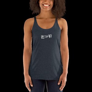 May include: A dark blue tank top with a white graphic that says "RTFB" in a square.