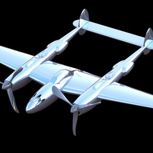 Può includere: Un modello argentato di un aereo da caccia P-38 Lightning con due fusoliere e eliche.