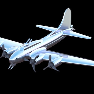 Puede incluir: Un modelo plateado de un bombardero de la Segunda Guerra Mundial con cuatro hélices. El avión está en vuelo con las alas extendidas.