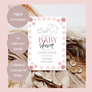 Rosa Baby Elefant Floral Baby-Dusche-Einladungen - digitaler Download, personalisierte Baby-Dusche-Einladungen, Baby-Dusche-Thema-Ideen, rosa, Mädchen