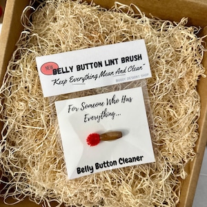May include: A novelty gift set containing a belly button lint brush. The set includes a small brush with a red bristle head and a wooden handle, packaged with a card that reads "For Someone Who Has Everything..." and "Belly Button Cleaner."
