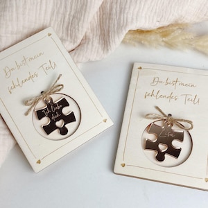 Karte Liebe Valentinstag personalisiert mit Anhänger Holz - Puzzle - fehlendes Teil - Puzzleteil - Jubiläum - Jahrestag - Hochzeitstag