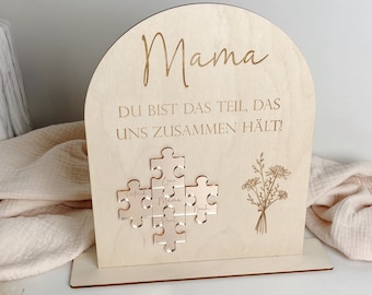 Schild Mutter Puzzle personalisierbar mit Namen - Geschenk zum Muttertag - Mama du bist das Teil, das uns zusammen hält aus Holz Rosé Gold